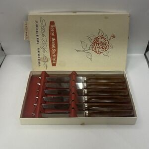 Regent Sheffield Steak Knife Set 6 Piece Stainless England Marbled Brown Handles